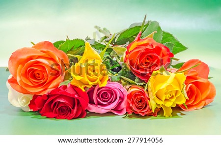 Vibrant colored (red, yellow, orange, white) roses flowers, close up, bouquet, floral arrangement, green background