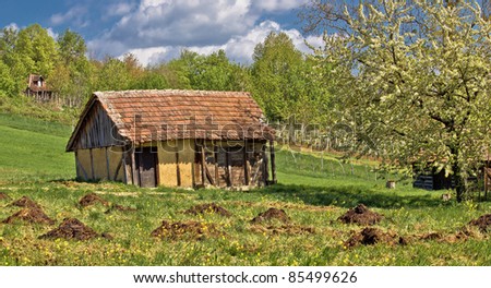 Springtime view on old traditional cottage made of wood and mud
