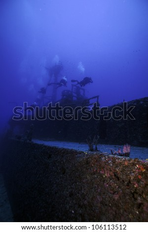 Underwater shipwrecks crows nest with a blue water background in Key Largo, Florida. The Coast Guard Cutter Duane in John Pennekamp State Park.