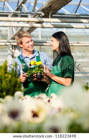 Female and male gardener in market garden or nursery
