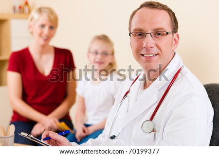 Pediatrician with family - mother and daughter to be seen - in his surgery
