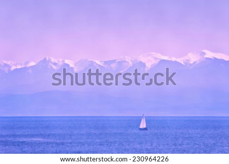 Sunset in ocean with boat and mountains background. Stylized as painting.