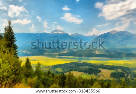 Mountain view from Revelstoke Mountain Resort, British Columbia, Canada. Stylized as painting