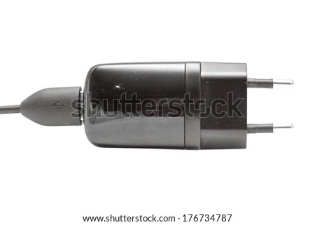 Mobile phone battery charger and adapter on white background