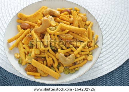 Bombay mix a spicy Indian snack of noodles nuts and peas