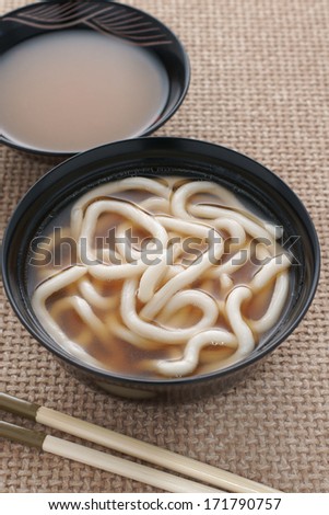 Udon Noodles a thick Japanese noodle made with wheat flour with miso soup