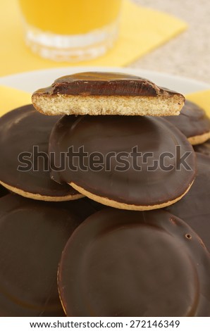 Jaffa cakes a sponge base cake with a layer of orange flavoured jelly coated with chocolate