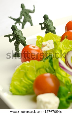 Military toy soldiers defending healthy food, the weight loss war