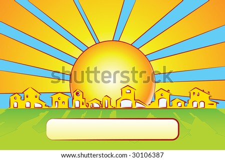 Little village silhouette with sun and shadow - Real Estate business card or brochure