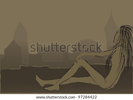 The girl that sits on top of a big city.A stylized illustration.