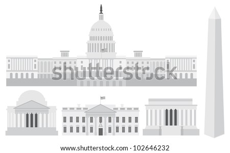 Washington DC US Capitol Building Monument Jefferson and Lincoln Memorial Illustration