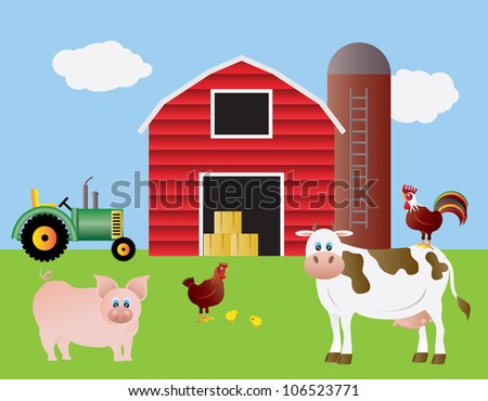 Farm With Red Barn Tractor Pig Cow Chicken Farm Animals Raster Vector ...