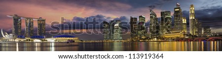 Singapore Central Business District City Skyline at Sunset Panorama