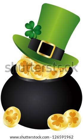 St Patricks Day Irish Leprechaun Hat With Shamrock Leaf On Pot Of Gold ...