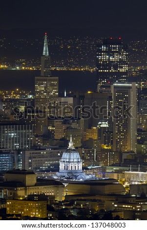 San Francisco City Hall with Skyline Skyscrapers at Night Background