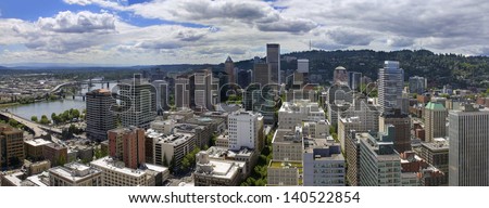 Portland Oregon Downtown Cityscape Aerial View with Cumulus Clouds Panorama