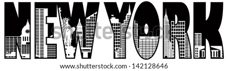 New York City Skyline Text Outline Silhouette Black And White Raster ...