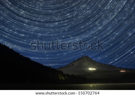 Star Trails Over Mount Hood at Trillium Lake Oregon with Perseid Meteors