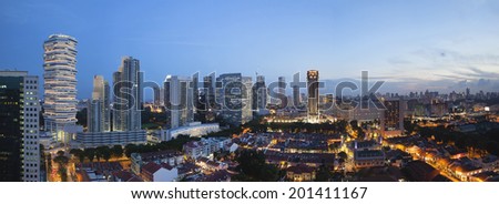 Kampong Glam with Singapore City Skyline and Sultan Mosque Aerial View during Evening Blue Hour Panorama
