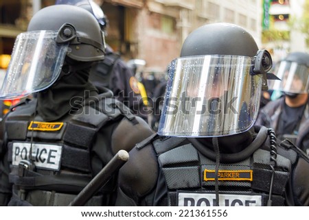PORTLAND, OREGON - NOVEMBER 17, 2011: Police in Riot Gear in Downtown Portland, Oregon during a Occupy Portland Protest Against Banks on the first anniversary of Occupy Wall Street
