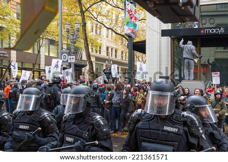 PORTLAND, OREGON - NOVEMBER 17, 2011: Portland Police in the streets of Downtown Portland, Oregon during a Occupy Portland Protest Against Banks on the first anniversary of Occupy Wall Street