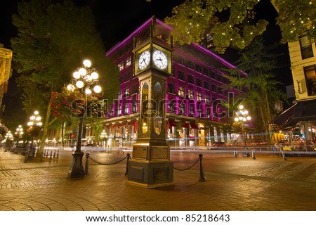 Historic Steam Clock in Gastown Vancouver British Columbia Canada at Night