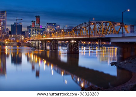 Hawthorne Bridge Over Willamette River In Portland Oregon Downtown Waterfront at Blue Hour