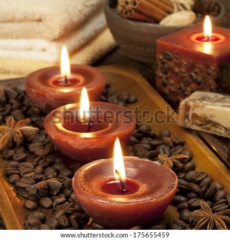 Spa coffee candles with bathroom towels