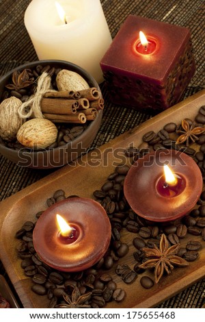 Spa coffee candles with bathroom towels
