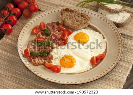 Breakfast with Fried egg and bacon on plate