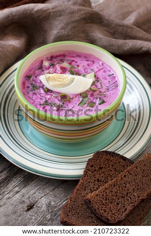 Summer cold soup with beet, cucumber, kefir and egg