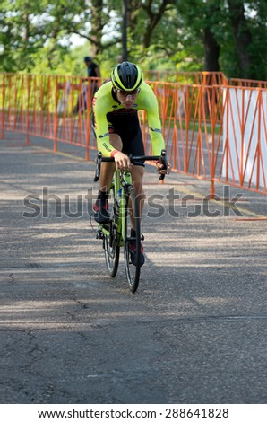 SAINT PAUL, MN/USA -  JUNE 17, 2015: Pro cyclist Efren Ortega races in Stage One time trial at the prestigious North Star Grand Prix pro cycling event in Saint Paul.