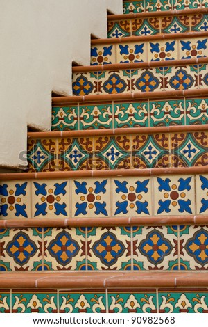 Colorful staircase featuring Mexican Talavera Tiles on a private home in Paradise Valley, Arizona.