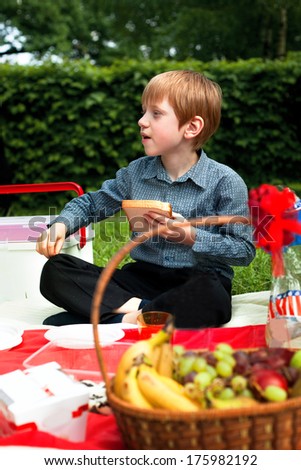 little red head boy on the outdoor picnic with bread and basket of fruit