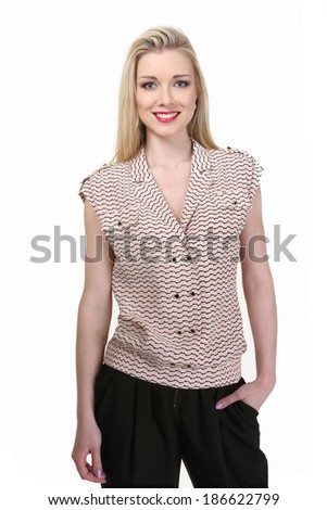 beautiful blond fashion business woman model in sleeveless blouse isolated on white