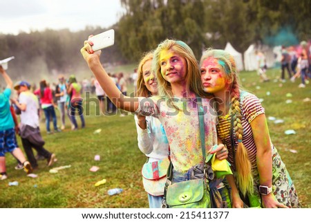MOSCOW, SEPTEMBER 6, 2014: Color Fest September 2014 in Moscow. Roots of this fest are in India, where it called Holi Fest. Now russian people celebrate it too.