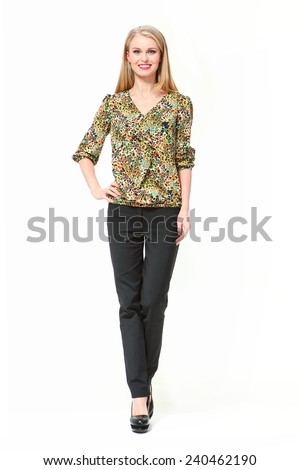 Beautiful blond  Busyness Woman  Fashion Model in floral blouse and trousers
