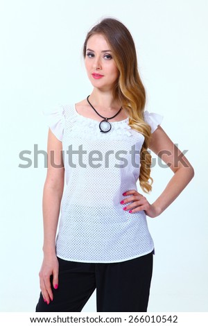 Beautiful Busyness Woman  Fashion Model in summer white blouse