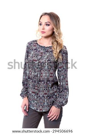 beautiful blond executive woman in casual printed blouse isolated on white