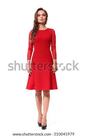 brown hair business woman in red official dress isolated on white