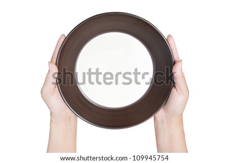 Brown kitchen plate a hand holding from top view on background white