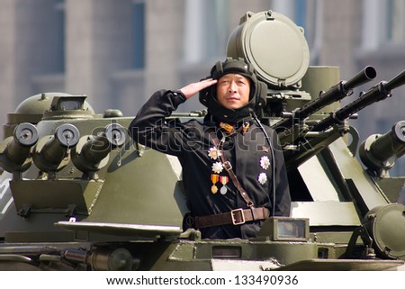 PYONGYANG, NORTH KOREA - CIRCA APRIL 2012 : North Korean  soldier at the military parade in Pyongyang circa April 2012.