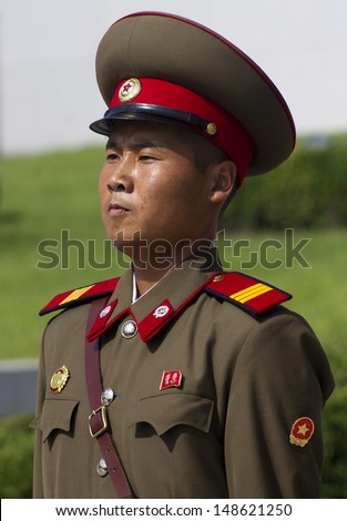 PYONGYANG, NORTH KOREA - CIRCA JULY 2013 : North Korean soldier at the military parade in Pyongyang of the 60th anniversary of the conclusion of the Korean War. Pyongyang, North Korea. Circa July 2013