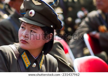 PYONGYANG, NORTH KOREA - CIRCA APRIL 2012: North Korea military woman at the military parade celebrate centenary birth of President Kim Il Sung
