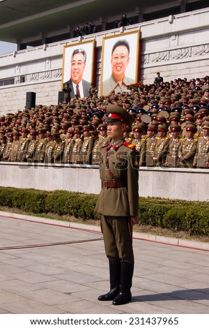 PYONGYANG, NORTH KOREA - CIRCA APRIL 2012 : North Korean soldier at the military parade in Pyongyang circa April 2012 of the 100th birthday of the late North Korean leader Kim Il Sung.