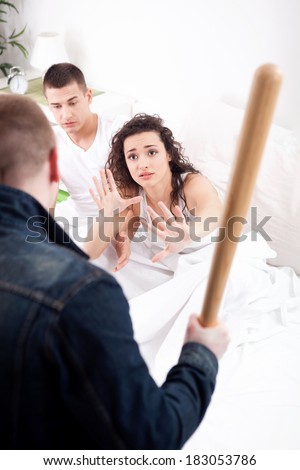 angry husband with baseball bat caught cheating wife with lover