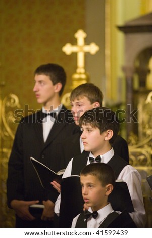 BUDAPEST-OCTOBER 6: Members of the Boy Choir of Munkacs perform at an Greek Catholic Church (conductor: Volodimir Volontir) October 6, 2009 in Budapest, Hungary