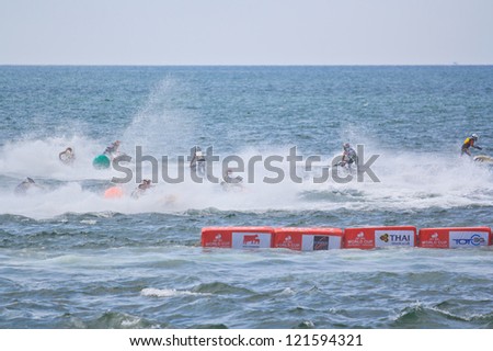 PATTAYA, THAILAND - DECEMBER 9: Competitors at Jet Ski King\'s Cup World Cup Grand Prix 2012 held at Jomtien Beach on December 9, 2012 in Pattaya, Thailand.