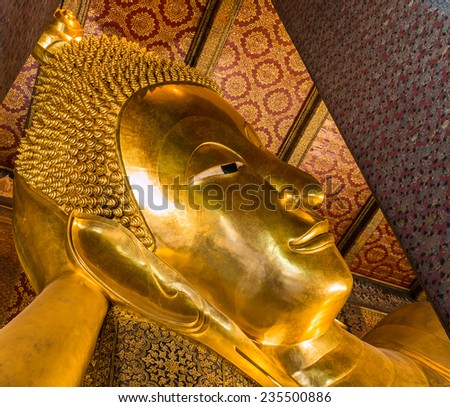 Reclining Buddha gold statue ,Wat Pho, Bangkok, Thailand, They are public domain or treasure of Buddhism, no restrict in copy or use