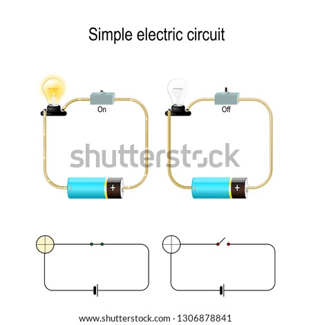 Simple Electric Circuit. Electrical network and lighting lamp. switch, light bulb, wire and battery. vector illustration for physical, educational, and science use